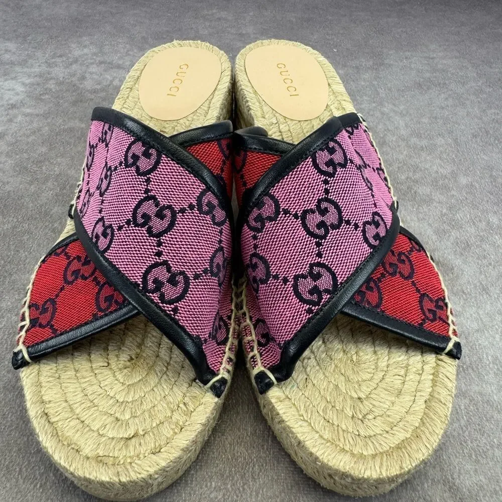 Gucci Multicolor Criss Cross Strap Red and Pink Espadrille Sandals Slides 37